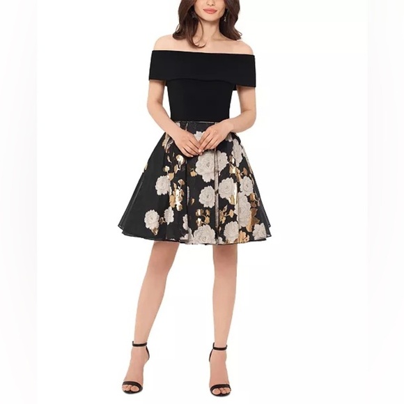 NWT Betsy & Adam Black Brown Floral Off-The-Shoulder Brocade Dress Women’s 12 - Picture 1 of 14